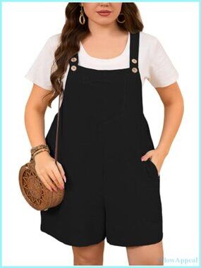 Plus Size Short Overall Romper Adjustable Button Strap Jumpsuit with Pockets